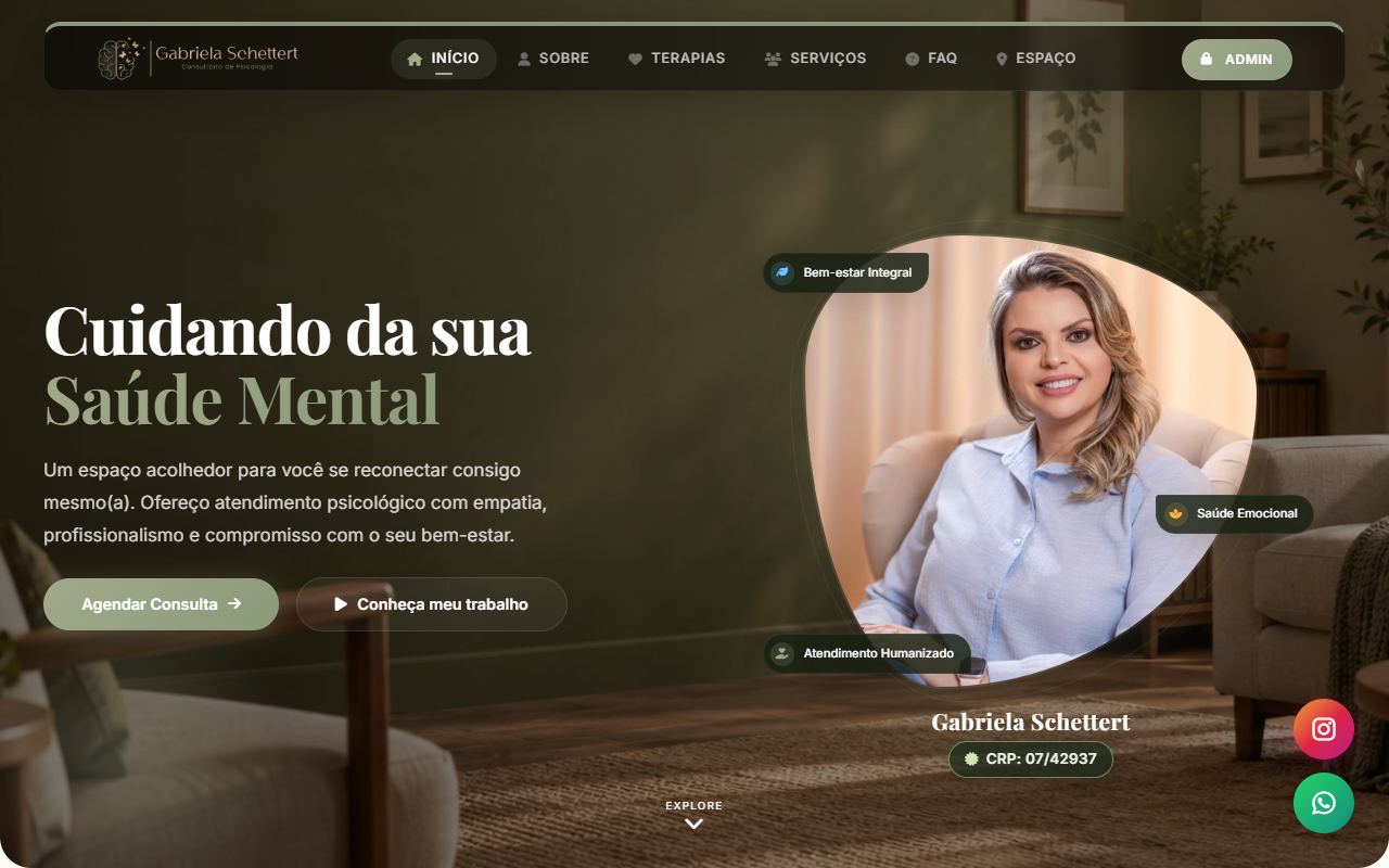 Prévia do site de Gabriela Schettert, com identidade em tons de verde